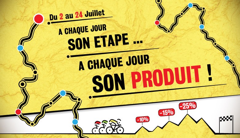 A chaque jour d'étape du Tour de France 2016, Alibabike vous propose des promotions, des cadeaux et des bons plans textile cyclisme, accessoires cycles