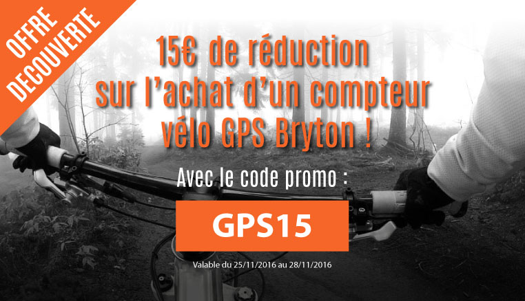 15€ de remise immédiate sur tous les compteurs GPS vélos BRYTON du 25 au 28/11/2016 sur alibabike.com